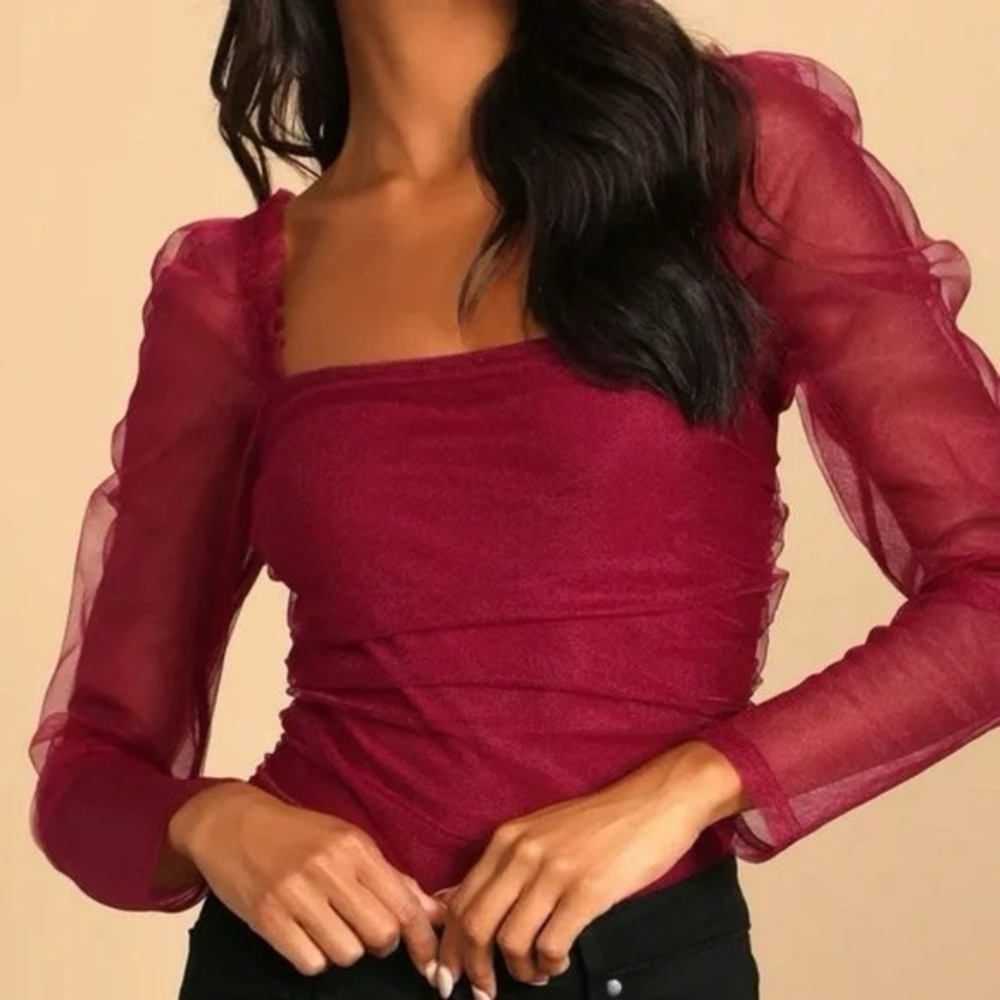 Lulus Dare To Be You Tulle Ruched Long Sleeve Bodysuit (Burgundy)